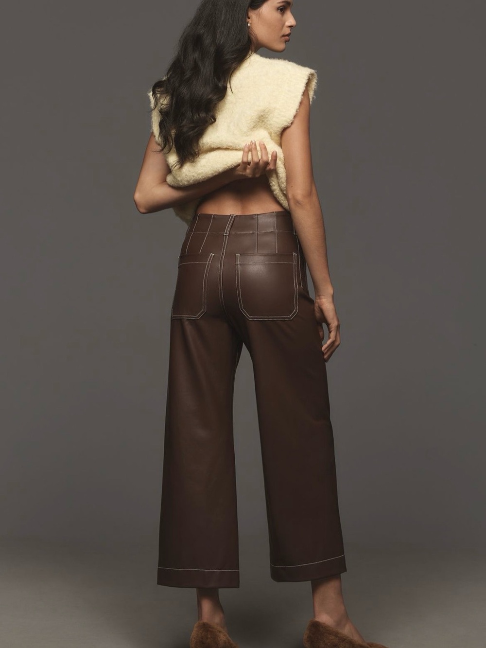 Colette Crop Wide-Leg Faux Leather Pants in Chocolate